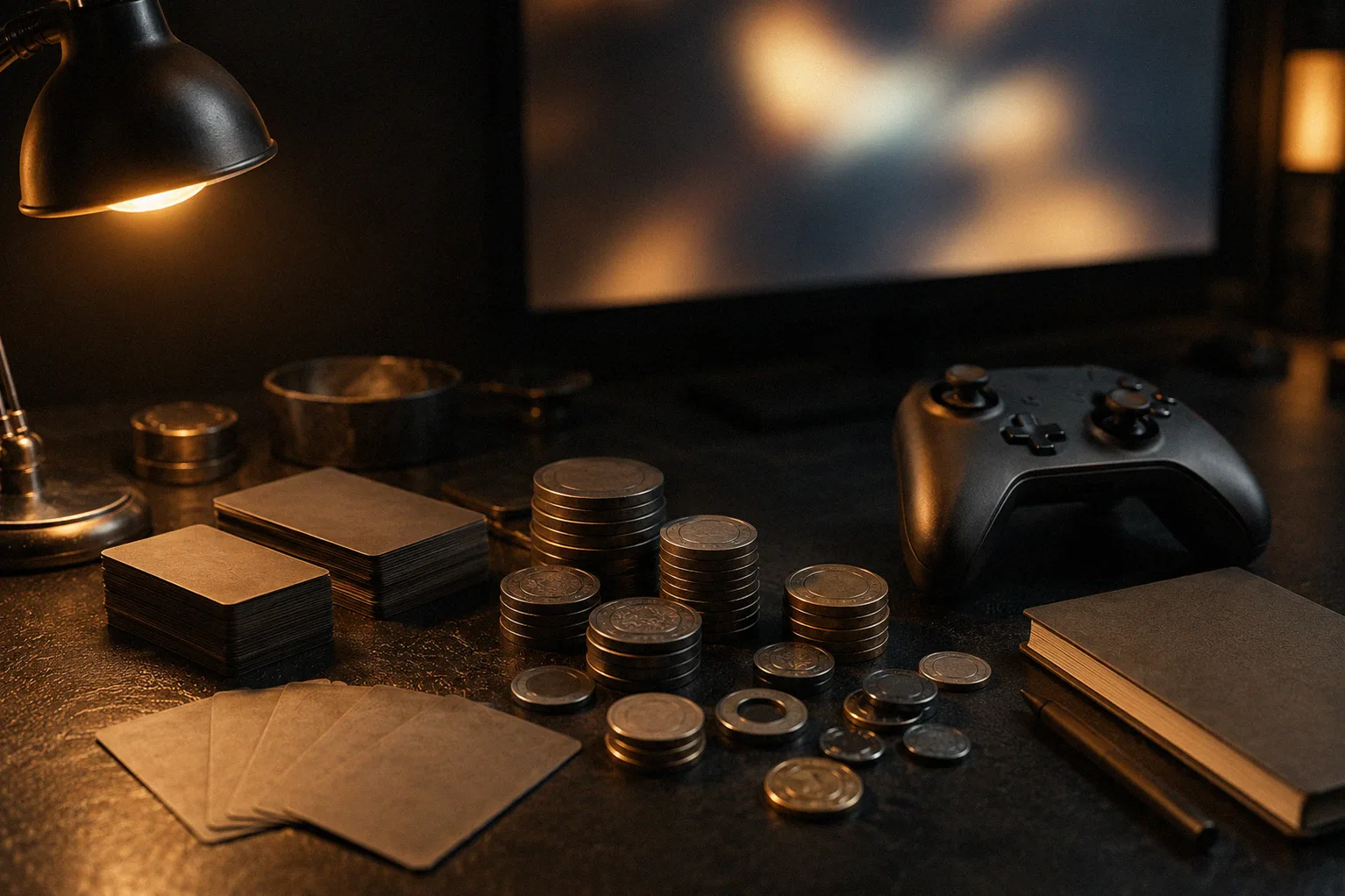 Dark studio desk with blank cards, metal tokens in uneven piles and a prototype controller under an amber lamp