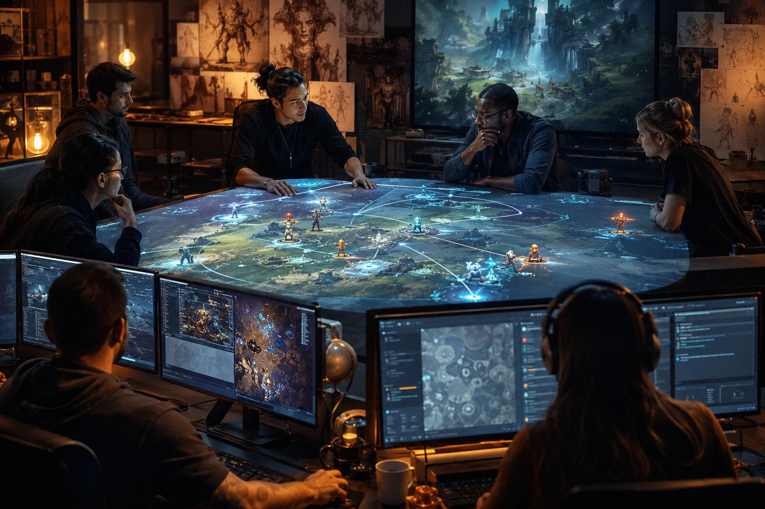 ProGameX team reviewing original competitive systems in a studio strategy room